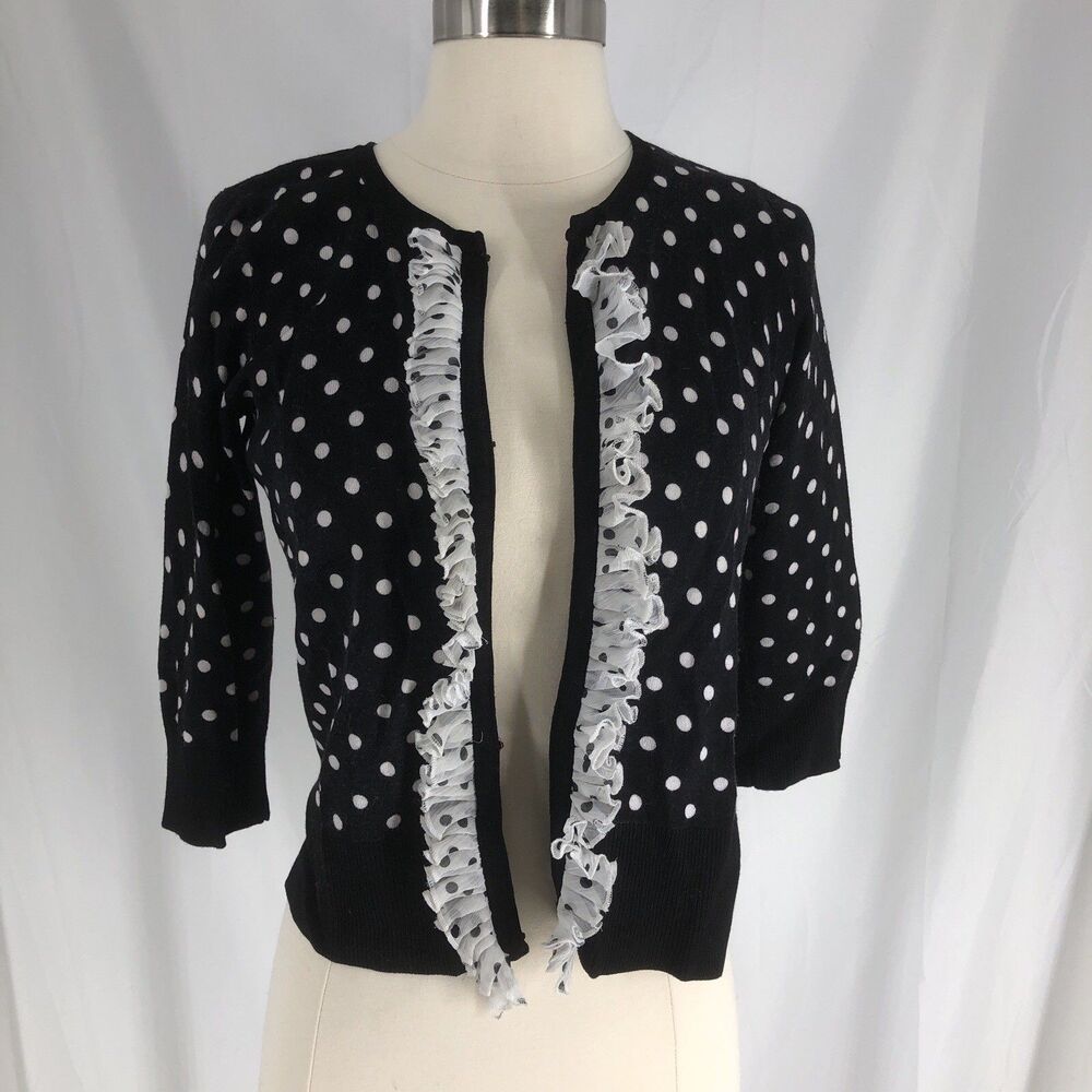 White House Black Market Polka-Dot Sweater Cardigan With Sheer Front Ruffle Sz M